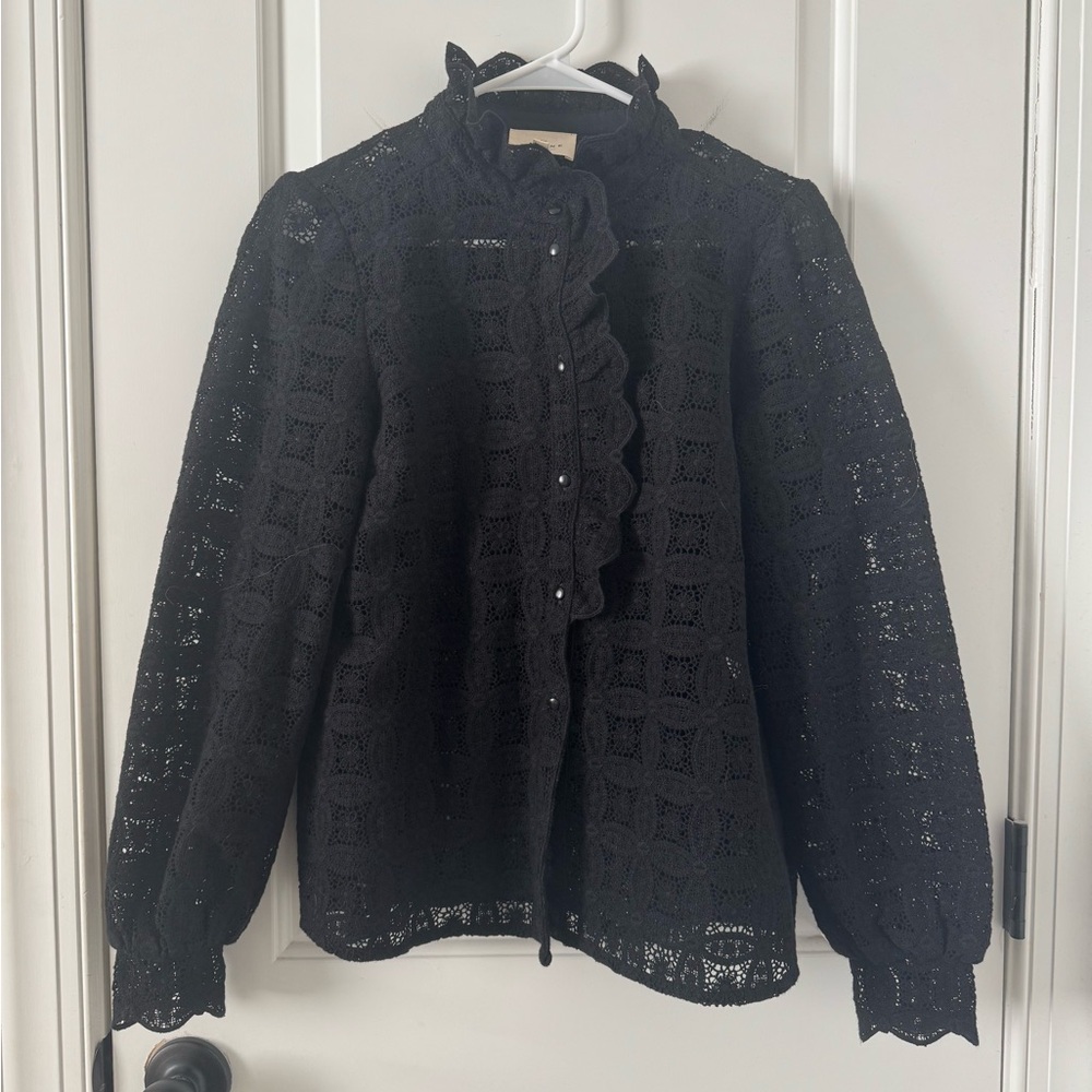 Sezane Chlo Black Guipure Lace Crochet Ruffle Button-Up Blouse Sz 38 - Picture 3 of 8